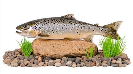 Naklejka premium Fresh Salmon on Rock with Green Plants