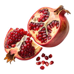 Fresh ripe pomegranate cut open showing arils isolated on transparent background