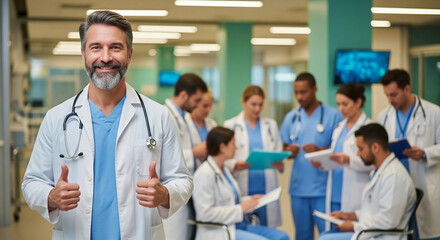 Obraz premium Confident female doctor gives a thumbs up with a diverse medical team in the background