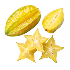 Whole and sliced star fruit isolated on transparent background