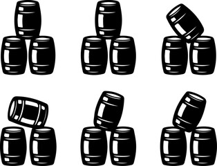 6 unique black silhouette vector illustrations of stacked beer kegs in different arrangements 