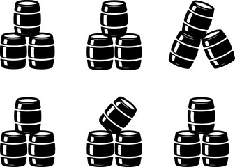 6 unique black silhouette vector illustrations of stacked beer kegs in different arrangements 
