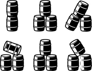6 unique black silhouette vector illustrations of stacked beer kegs in different arrangements 