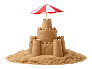A sandcastle with towers and an umbrella on top on a pile of sand against a black background