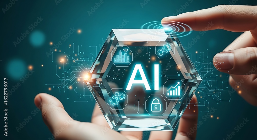 Poster futuristic ai technology: hands interacting with a crystal hologram displaying artificial intelligen