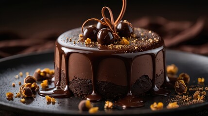A decadent chocolate dessert with ganache and chocolate balls on a dark plate close up shot