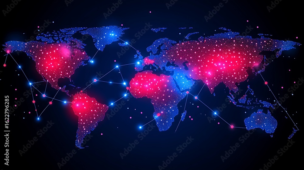 Poster global network map with glowing, interconnected continents.