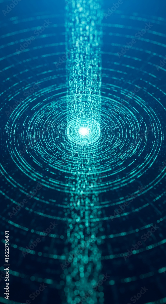 Poster abstract teal particle stream converges at central point, forming concentric circles. symbolizes con