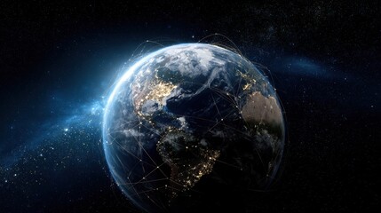 Realistic Earth with global network connections, highlighting the concept of connectivity and the digital age in business and technology.