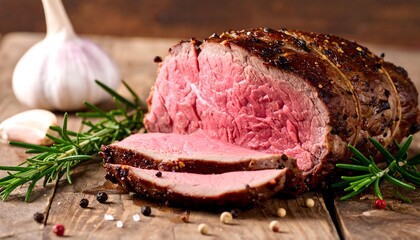 Succulent sliced medium-rare roast beef with fresh rosemary, garlic, and peppercorns on a rustic...