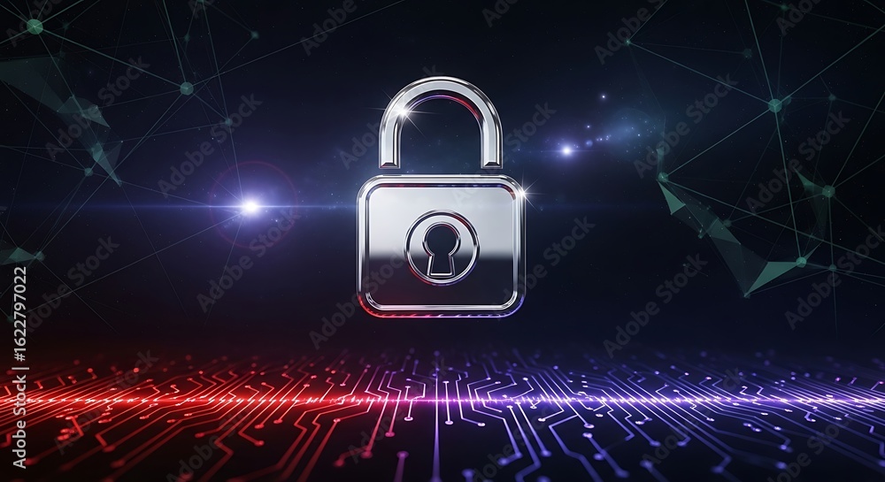 Poster cybersecurity: futuristic chrome padlock on abstract circuit board background, digital security conc