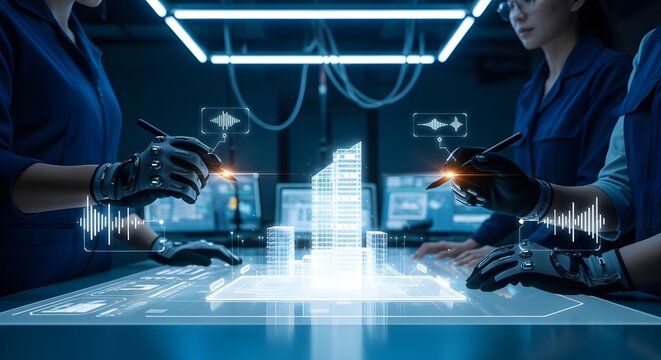 Engineers working on futuristic building design with augmented reality interface