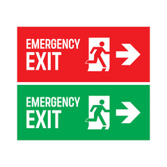 Emergency exit signs with red and green backgrounds featuring running figure and right arrow