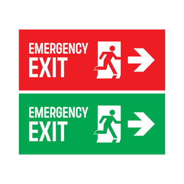 Emergency exit signs with red and green backgrounds featuring running figure and right arrow