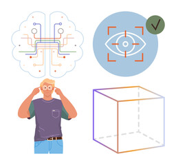 Neural network diagram, eye tracking with validation, person adjusting glasses, and transparent 3D cube. Ideal for AI, vision, tech, cognition creativity innovation education. Simple flat metaphor