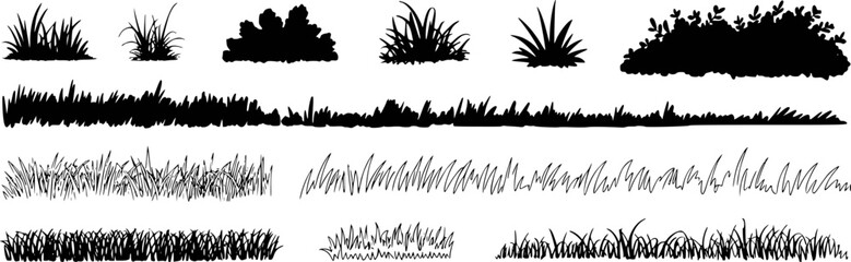 Black silhouettes of various grass types and bushes foliage plants