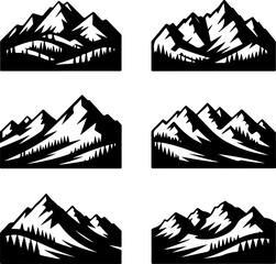 6 unique black silhouette vector illustrations of the Bavarian Alps mountain range 