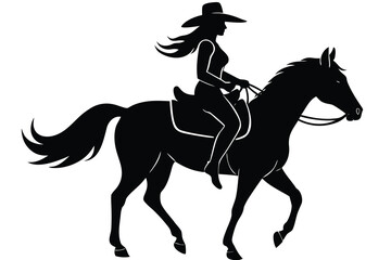 Silhouette of Cowgirl Riding Horse, Black and White Equestrian Art Illustration