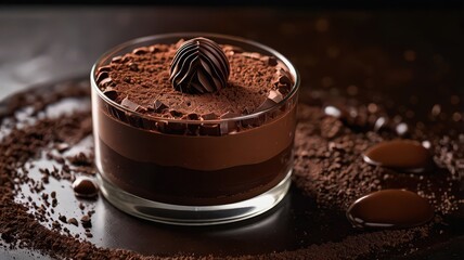 A glass cup filled with layers of dark chocolate mousse and a chocolate ball on top of the mousse
