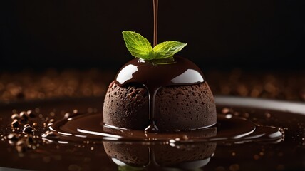 Chocolate dessert being drizzled with chocolate syrup and garnished with fresh mint leaves on top