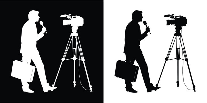 Silhouette of a male reporter holding a microphone and a briefcase, walking towards a video camera on a tripod, isolated on white background