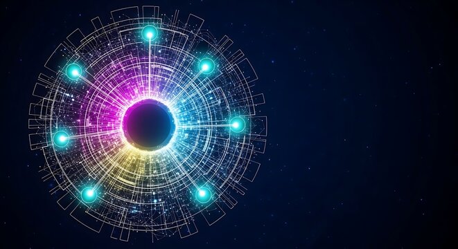 Abstract Futuristic Network: Vibrant Circular Data Visualization, Neon Glow, Technological Concept