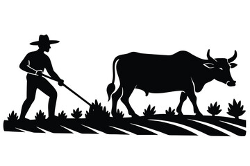Silhouette of Farmer Plowing Field with Ox, Traditional Farming Practice, Agriculture Illustration
