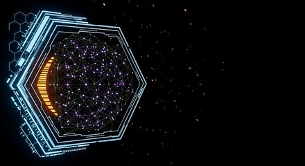 Futuristic Hexagon HUD Interface: Network Data Visualization, Abstract Technology Background, Neon Glow, Digital Connectivity