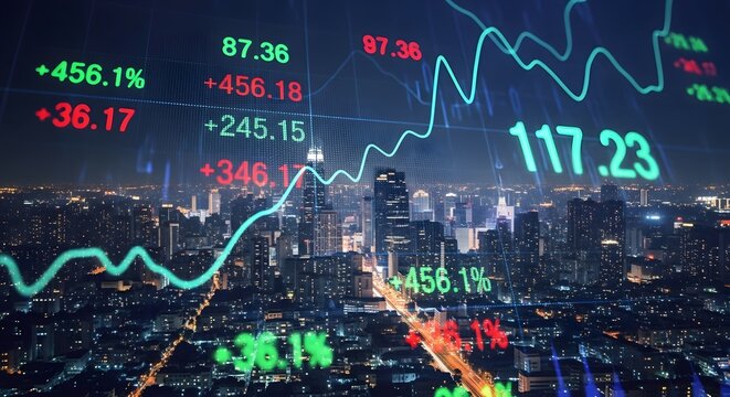 Night cityscape with financial data overlaid, showing upward and downward trends in stock market.