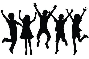 Silhouette of Five Cheerful Kids Jumping with Joy on a White Background