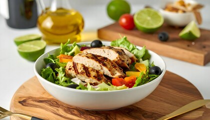Delicious grilled chicken salad with fresh greens, juicy tomatoes, olives, and zesty lime wedges, a...