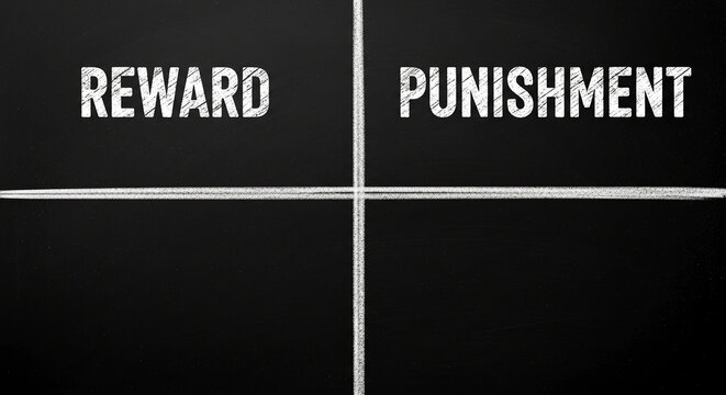 Blackboard divided into four sections with chalk markings, displaying "Reward" and "Punishment" labels, illustrating a choice or consequence concept