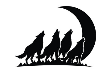 Silhouette of Four Wolves Howling at Crescent Moon on a White Background