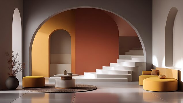 Modern interior design with arched passageways and warm color palette. - Powered by Adobe