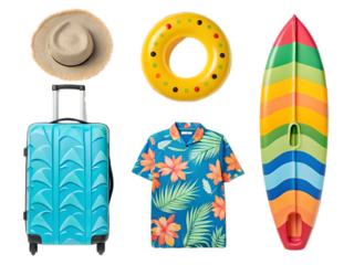 Isolated summer vacation items including a suitcase hat shirt surfboard and inflatable ring on black