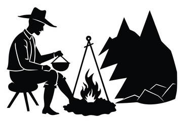 Silhouette of Man Cooking over Campfire with Mountain Backdrop Depicting Outdoor Adventure and Simple Living
