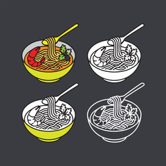 Noodle Soup Bowls with Shrimp and Spoon - Minimalist Food Illustration