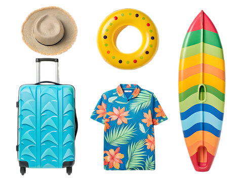 Isolated summer vacation items including a suitcase hat shirt surfboard and inflatable ring on black