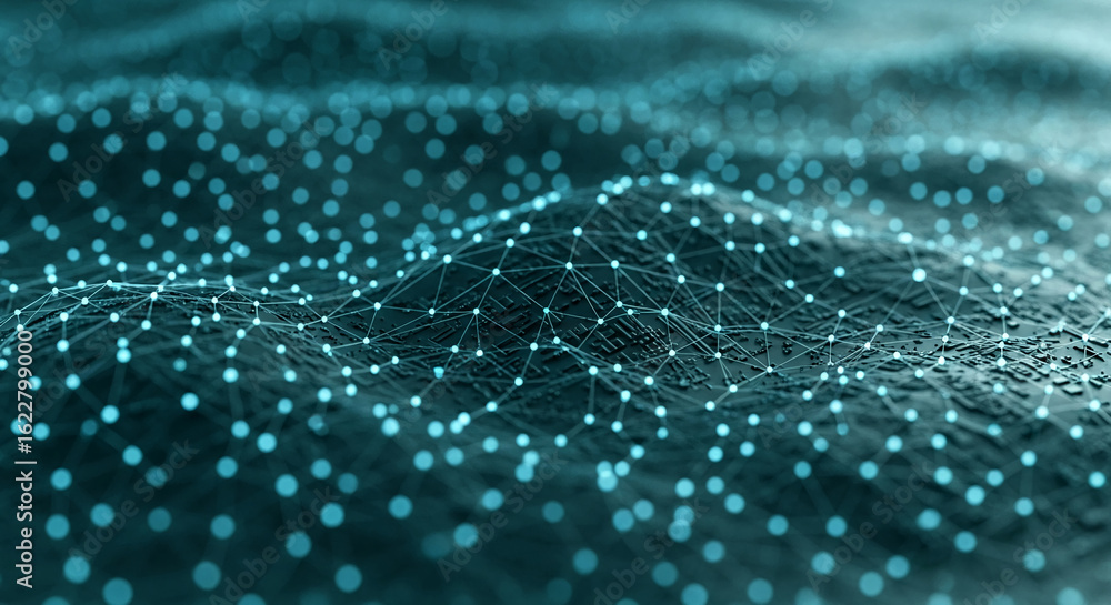 Poster abstract teal network texture, nodes connected by lines, creating a flowing, dynamic pattern symboli