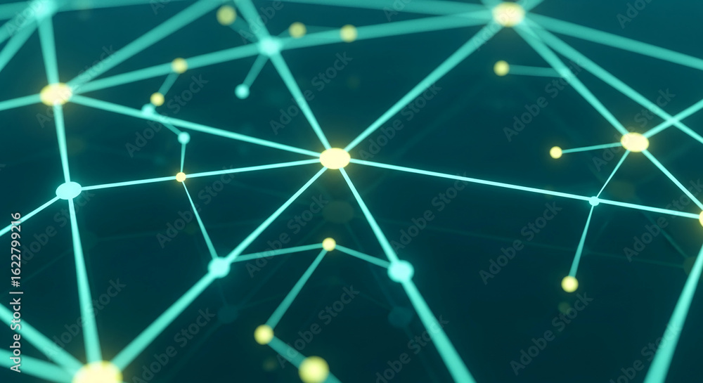 Poster abstract teal network graphic, glowing nodes and lines forming interconnected structure, symbolizing