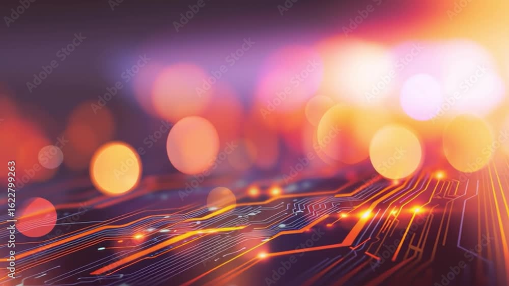 Poster abstract close-up of a vibrant circuit board with glowing lights and bokeh effects, symbolizing tech