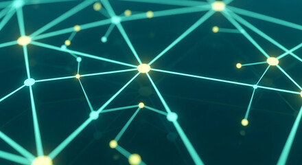 Abstract teal network graphic, glowing nodes and lines forming interconnected structure, symbolizing connection, technology, and global network