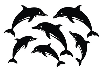 Silhouette of Seven Dolphins Swimming and Leaping Against a White Background, Ocean Animal