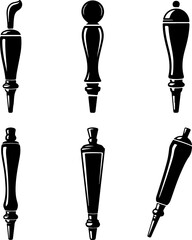 6 unique black silhouette vector illustrations of traditional beer tap handles 