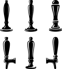 6 unique black silhouette vector illustrations of traditional beer tap handles 