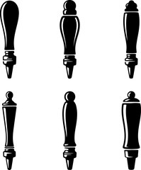 6 unique black silhouette vector illustrations of traditional beer tap handles 
