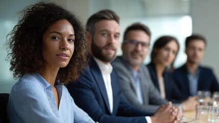 Fototapeta premium Focused Professional: A group of business professionals sit in a boardroom meeting. Their attentiveness embodies focus and collaboration. 