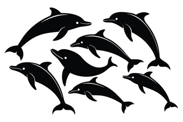 Silhouette of Seven Dolphins Swimming Together Gracefully on a White Background Marine Art