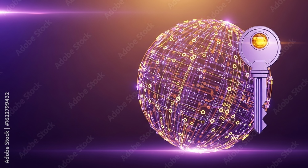 Poster global network security: abstract key and illuminated circuit sphere, futuristic digital concept
