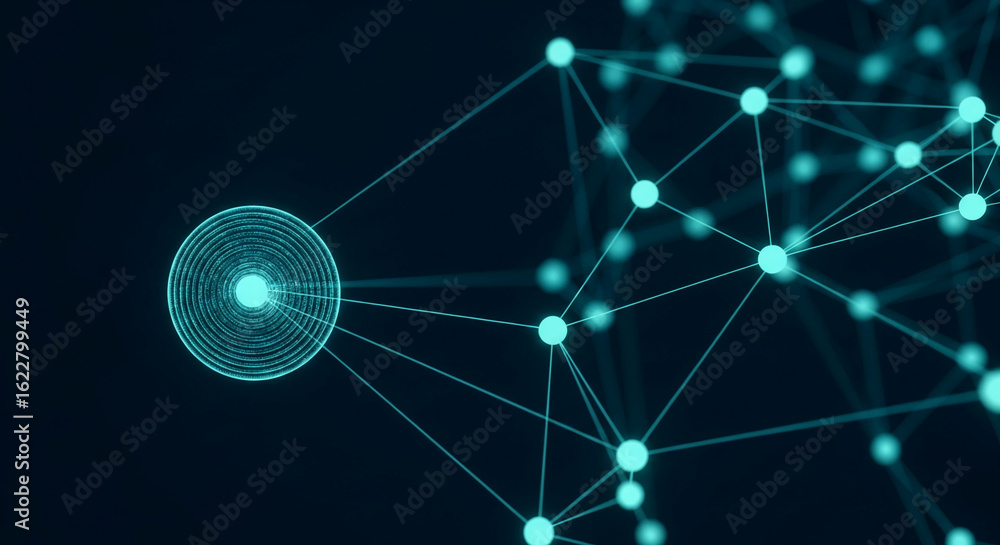 Poster abstract teal network graphic, glowing nodes and lines on dark background, representing connection, 
